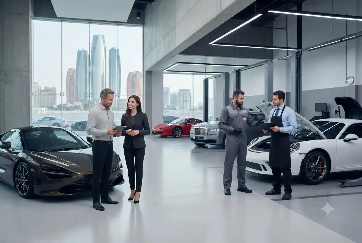 Automotive professionals working in a UAE car showroom and service center