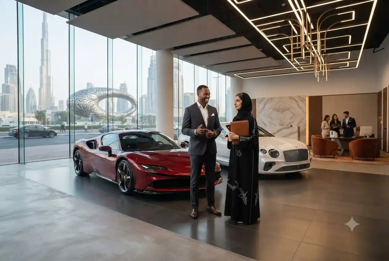 Modern car showroom in UAE with luxury vehicles and customers