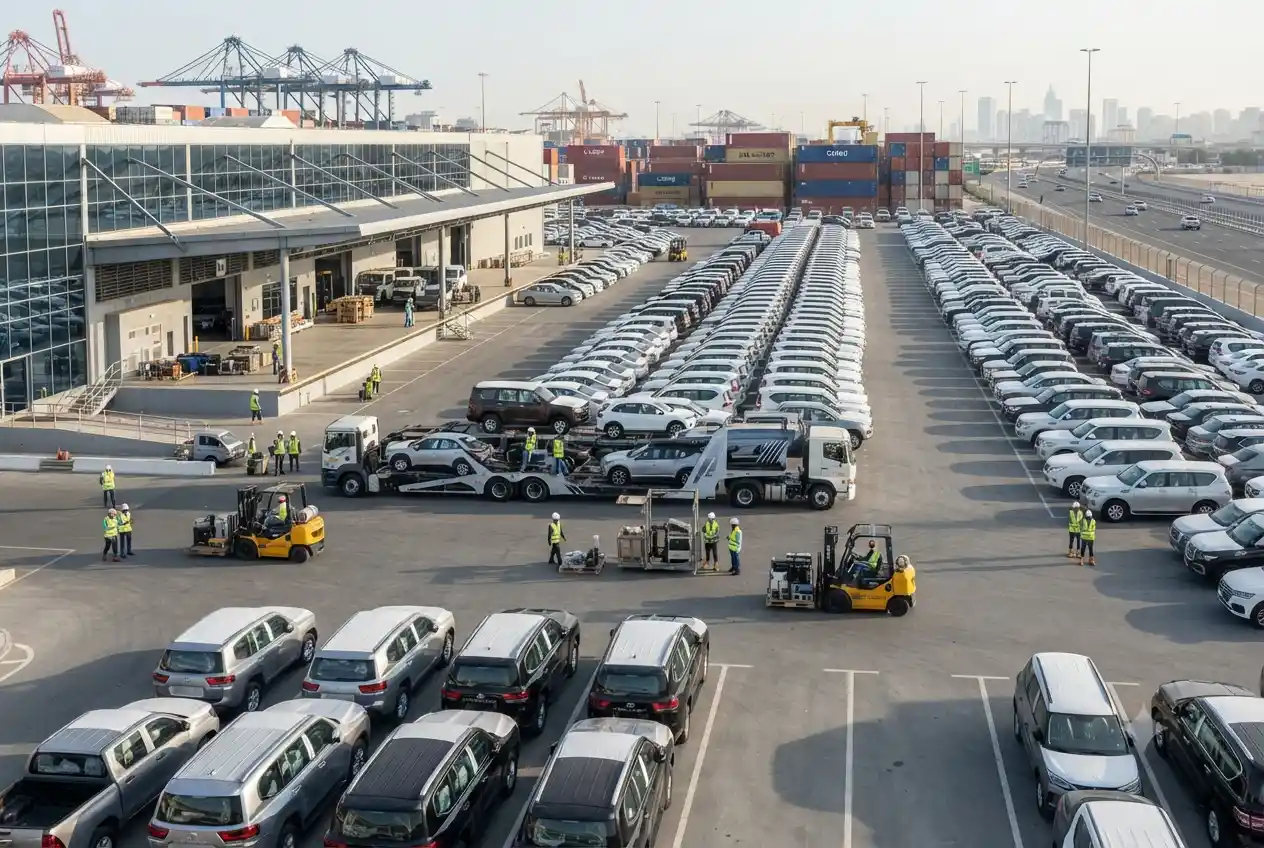Modern UAE automobile trading facility with vehicles prepared for regional and international distribution