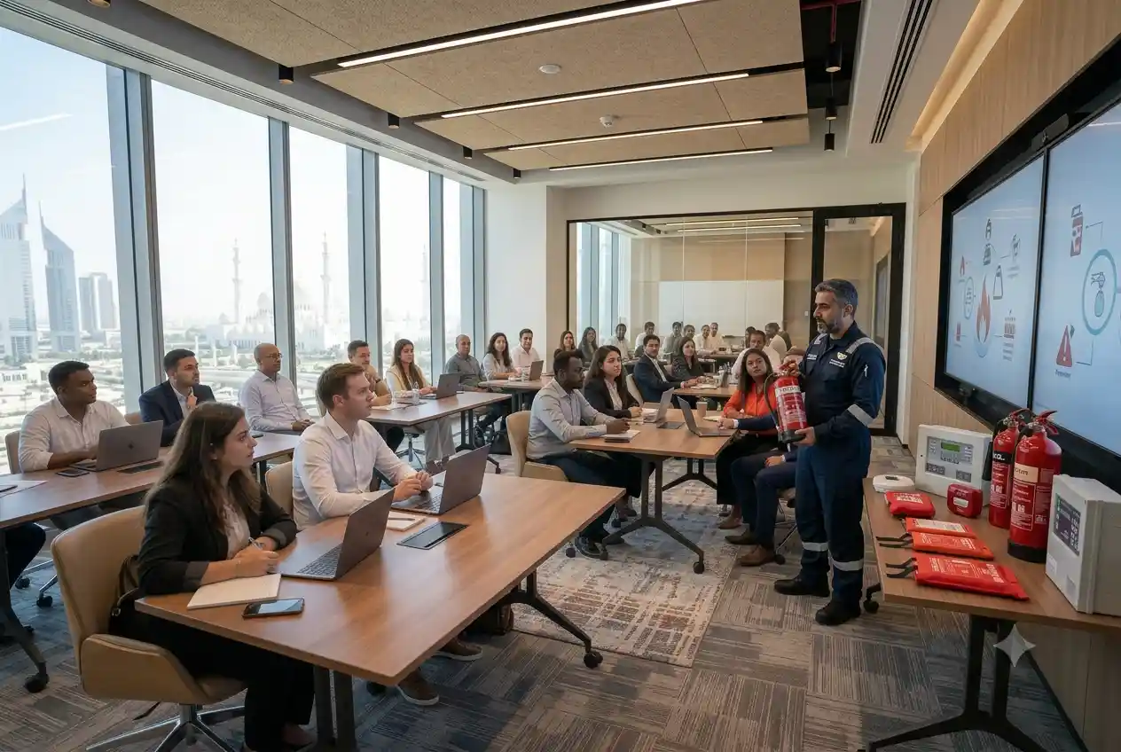 Employees attending professional fire safety and workplace compliance training in the UAE