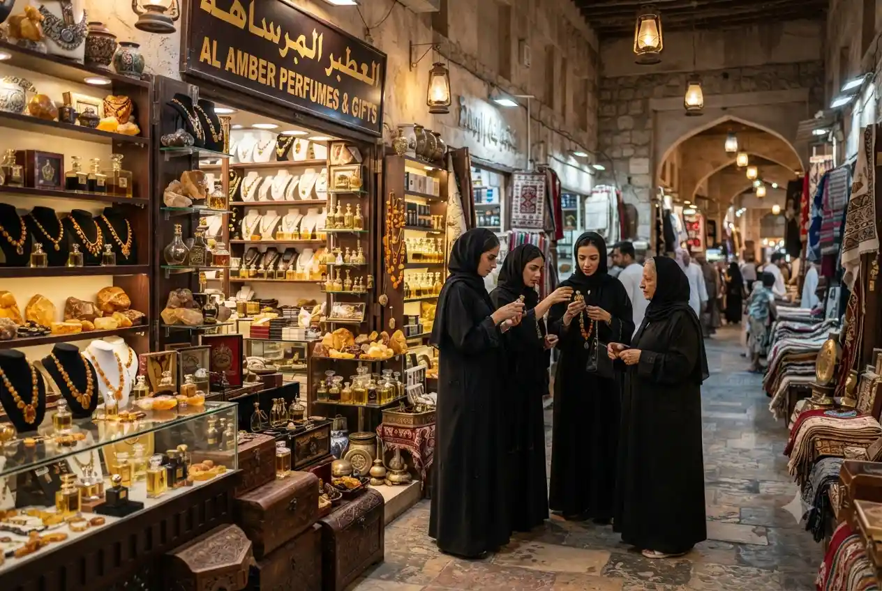 Visitors exploring Amber Market Sharjah with traditional fragrance and gift products