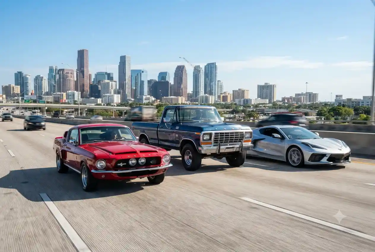 American cars including pickup truck and muscle car driving on highway