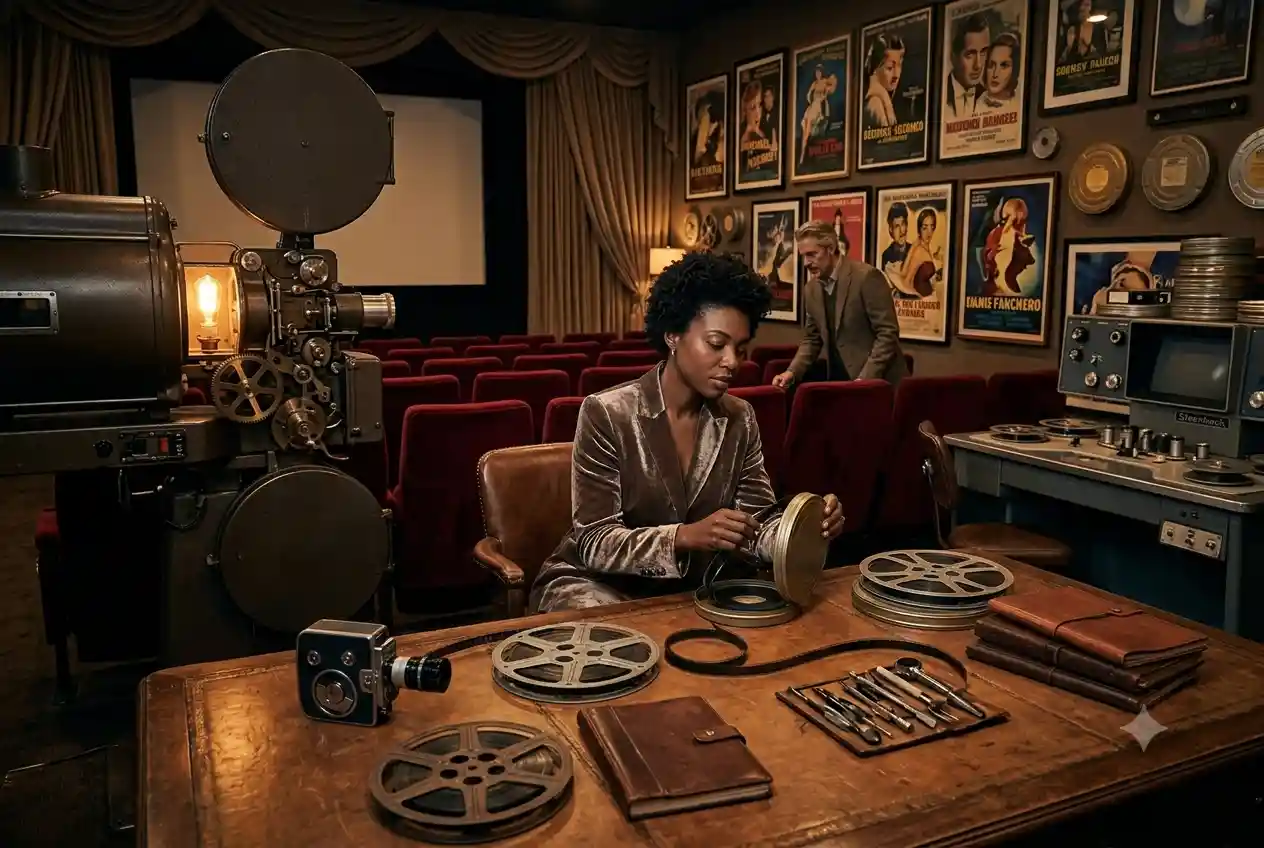 Cinema and film analysis concept with movie projection equipment