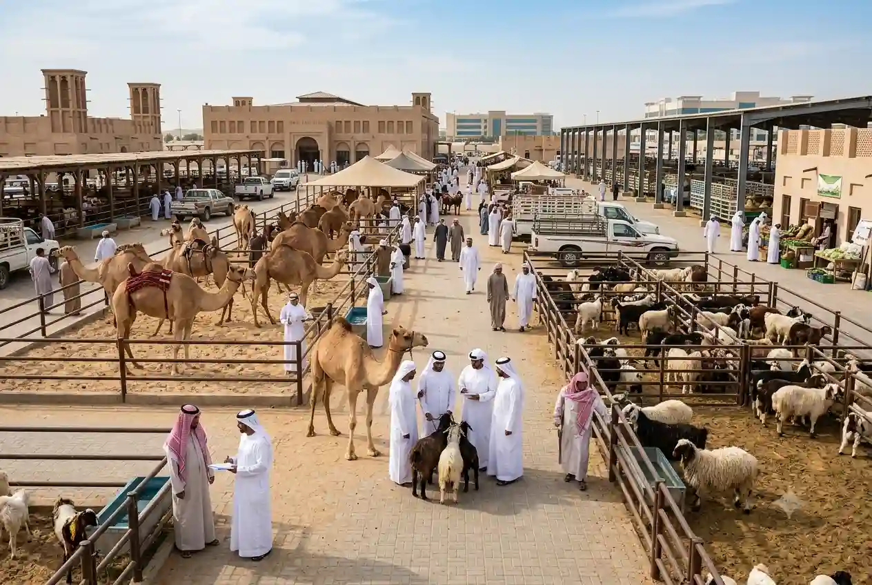 Livestock trading activity at a traditional animal market in the UAE
