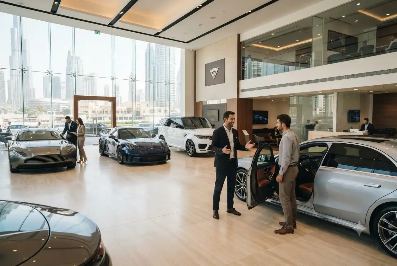 professionals working in UAE car dealership showroom with luxury vehicles