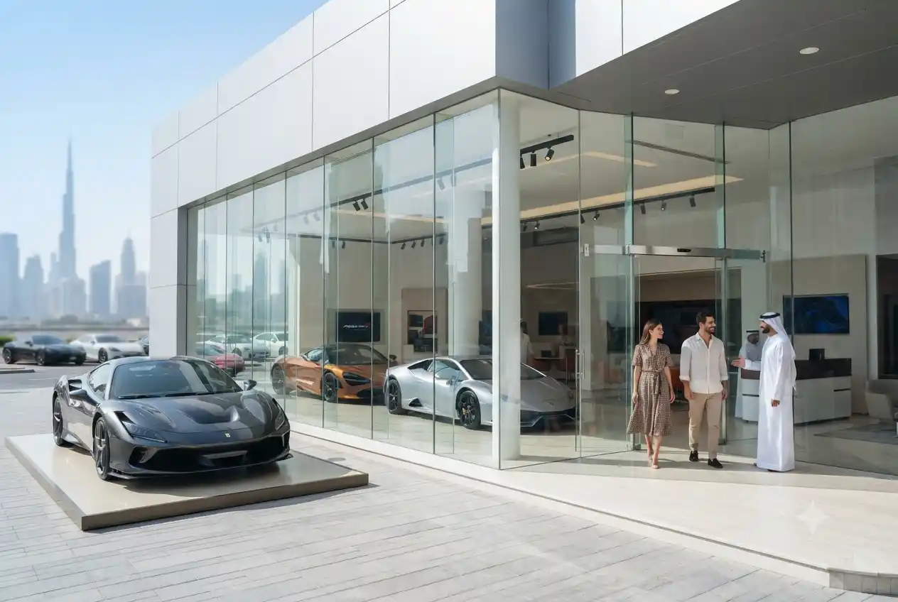 Exterior of Arabian Automobiles showroom with cars and customers