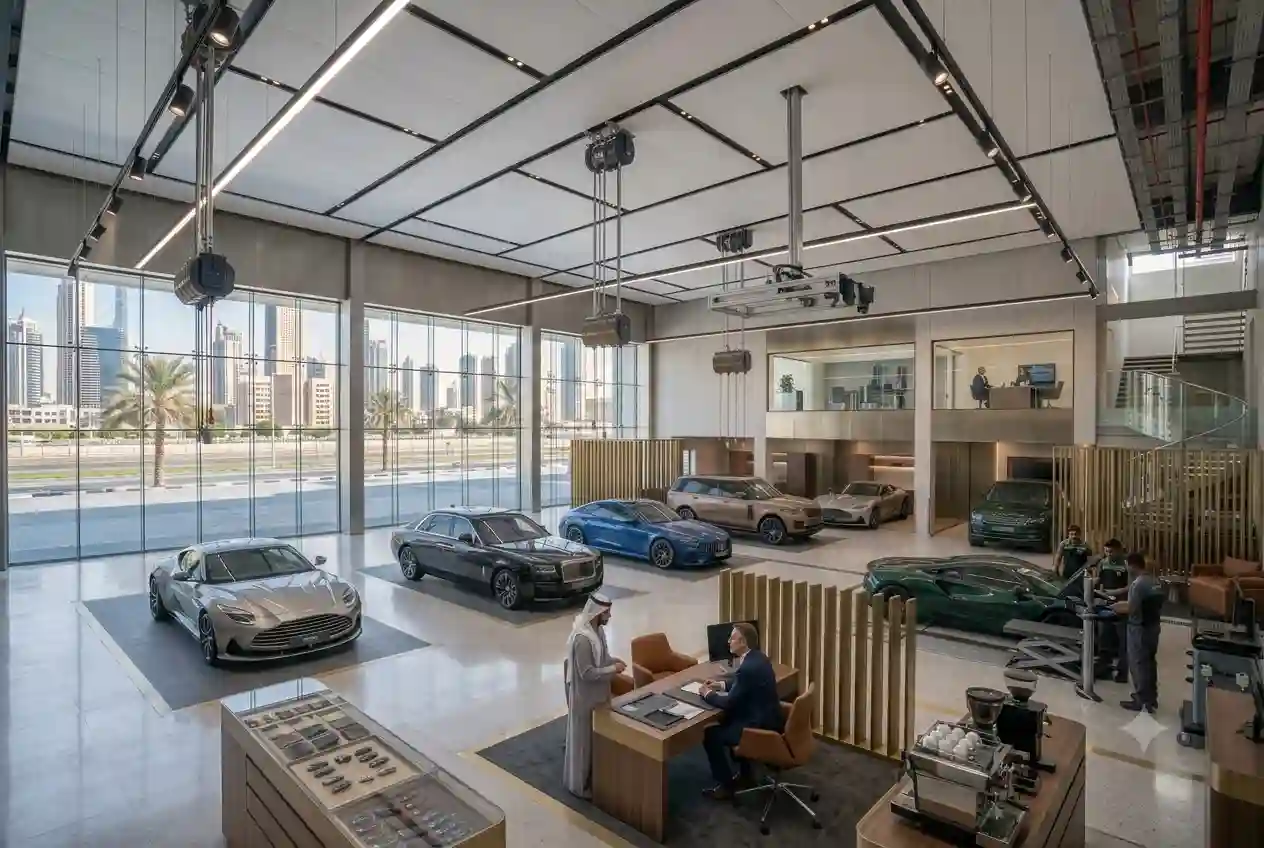 Modern automotive dealership showroom serving vehicle buyers in the UAE