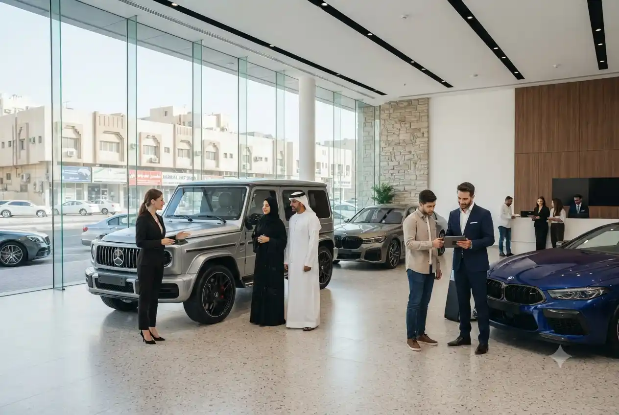 Interior of Arabian Automobiles Deira showroom with customers and cars