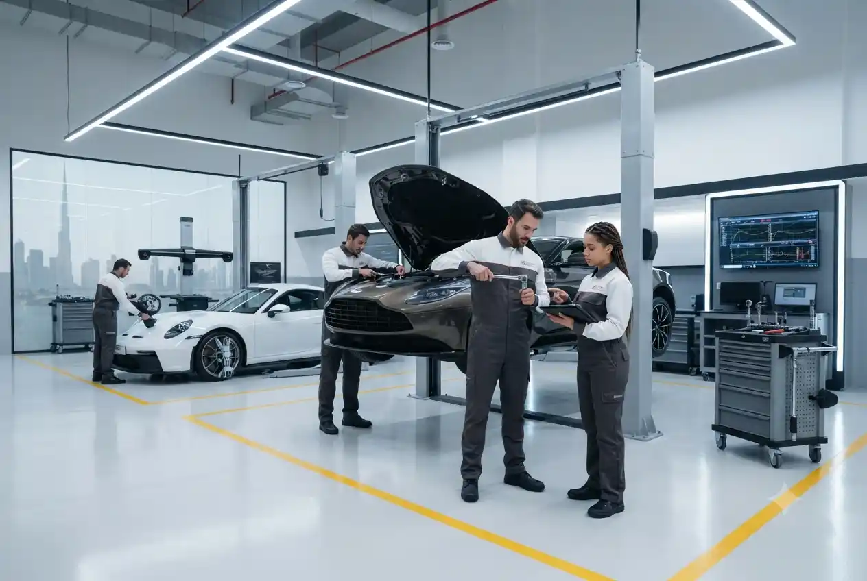 Mechanics servicing cars in Arabian Automobiles Deira service center