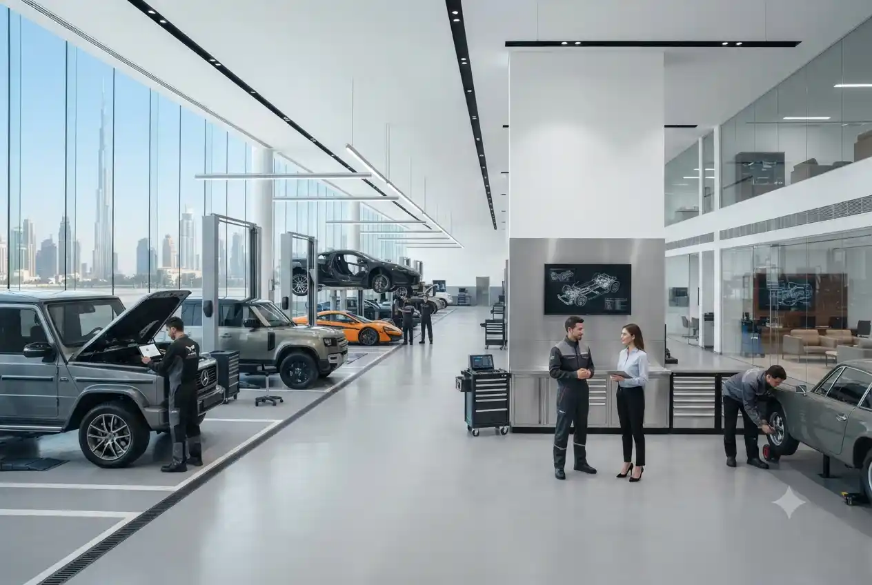 Large Dubai car service center with mechanics repairing vehicles
