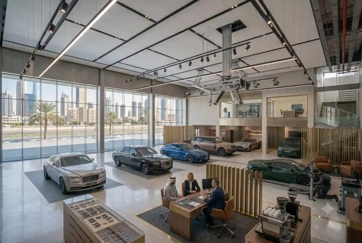 Modern automotive dealership showroom in Dubai featuring premium vehicles