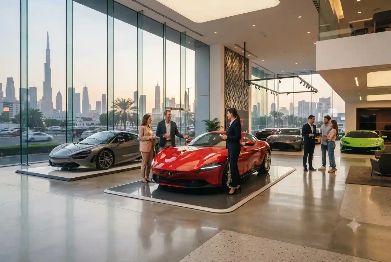 modern car showroom in Dubai with multiple vehicles and customers