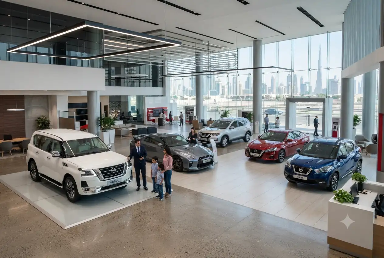 Nissan cars displayed inside Arabian Automobiles showroom in Dubai