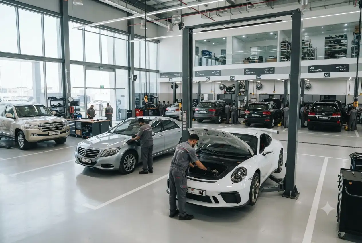 Professional Arabian Automobiles service center in UAE with technicians servicing vehicles