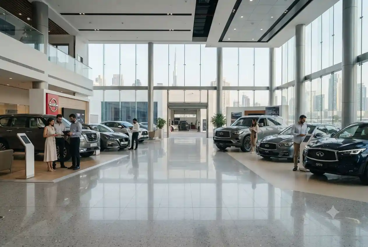 Modern Arabian Automobiles Co showroom in Dubai with Nissan and Infiniti cars