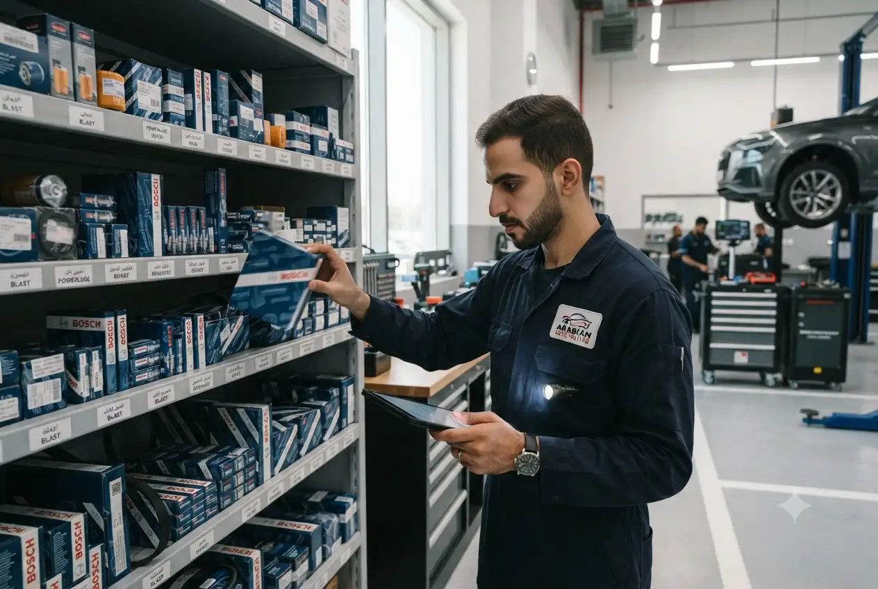 Genuine Arabian Automobiles spare parts displayed in a UAE workshop