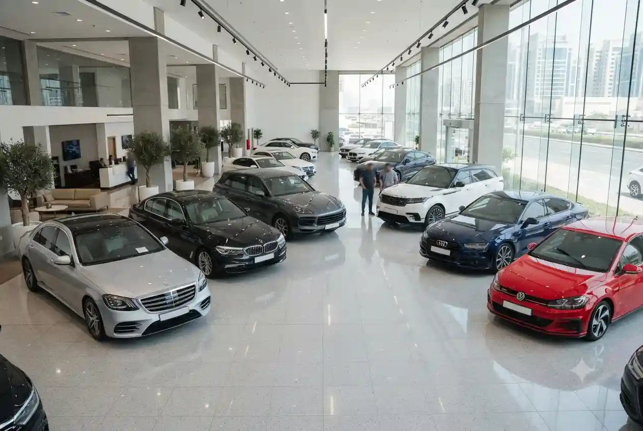 Used cars displayed in Arabian Automobiles showroom in UAE