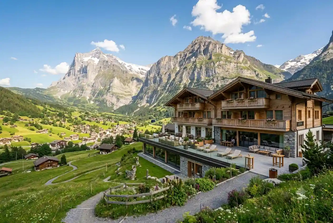 Aspen Alpin Lifestyle Hotel Grindelwald with panoramic Swiss Alps mountain scenery