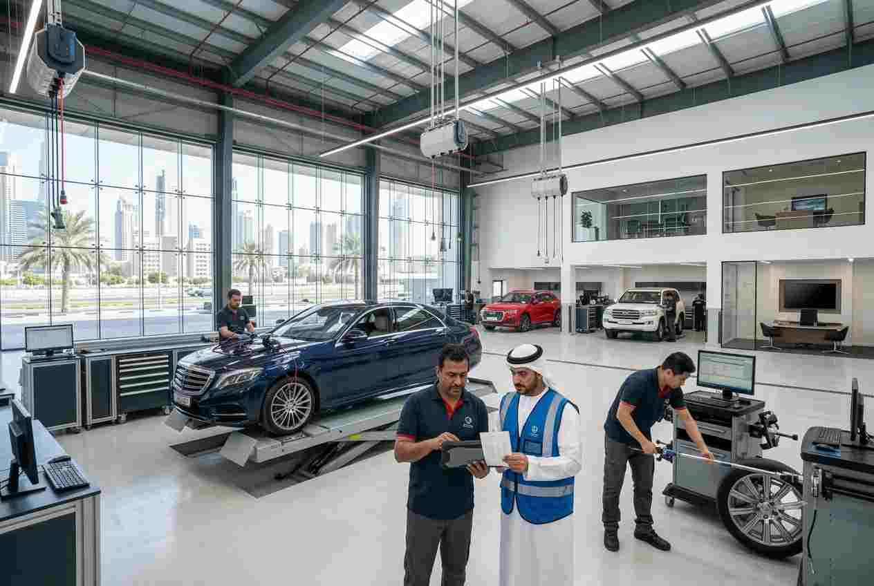 Professional automotive technicians performing vehicle diagnostics and maintenance in a UAE workshop