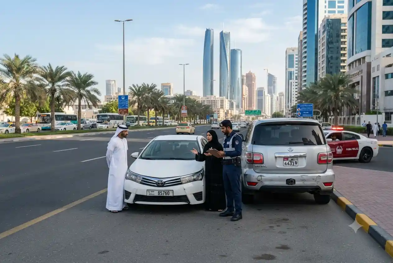 minor car accident in UAE with police officer documenting vehicles