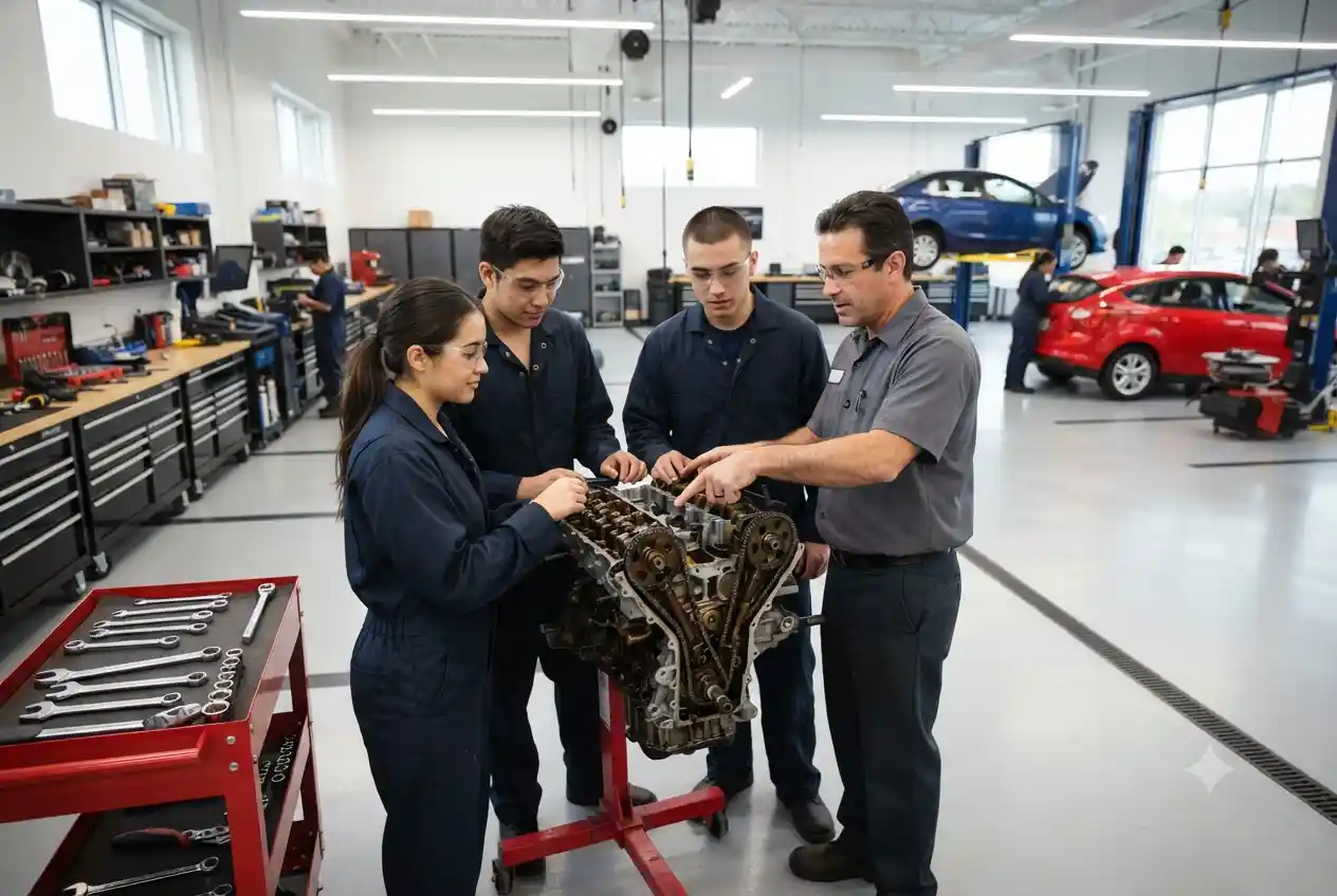 students learning car repair in automobile course workshop