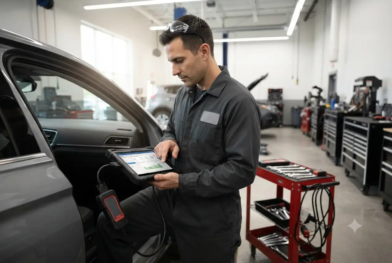 technician using automobile diagnostics scanner on car