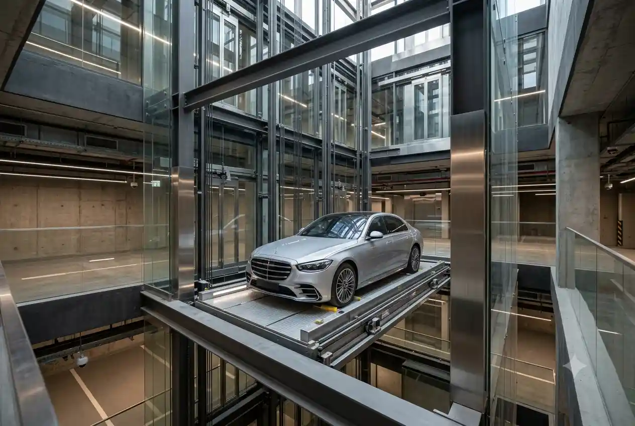 Modern automobile elevator transporting a vehicle inside a premium UAE property