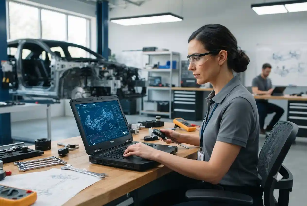automotive engineer creating resume on laptop with car design