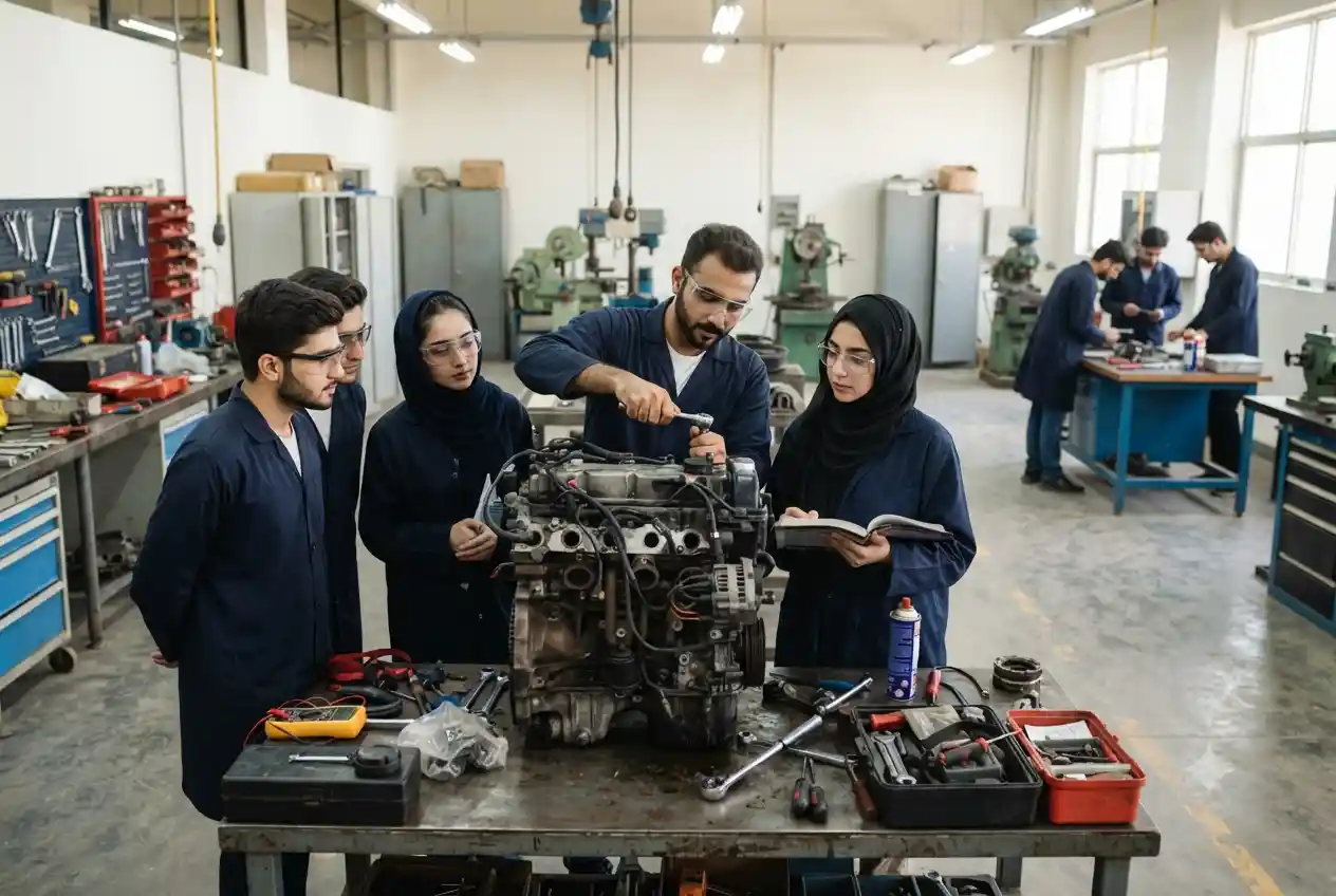 students studying automobile engineering in Pakistan working on car engine