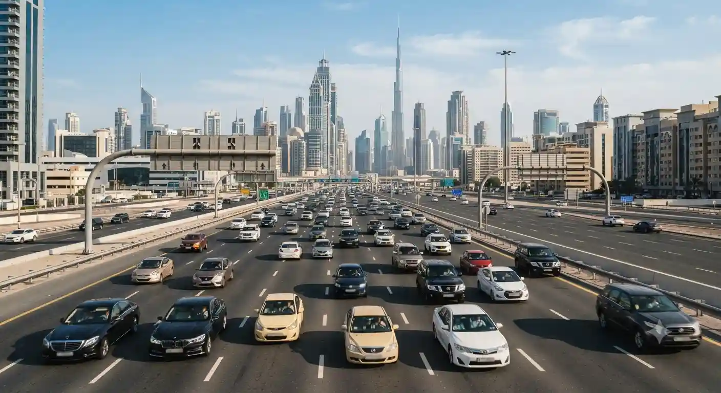 cars on Dubai highway representing automobile industry in UAE