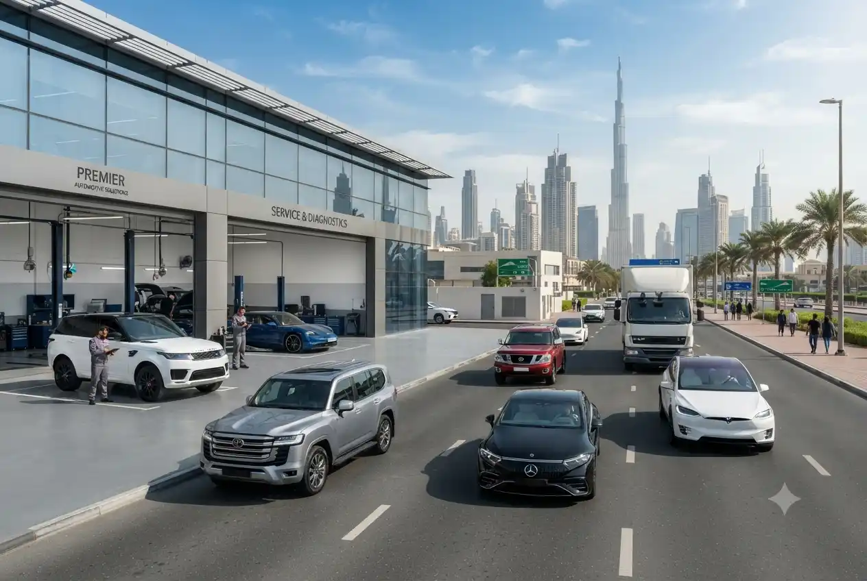 Modern vehicles and automotive businesses representing the automobile industry in the UAE