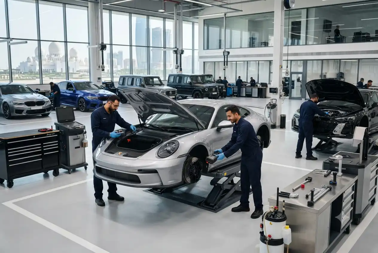 Automotive technicians working in a professional Abu Dhabi car workshop