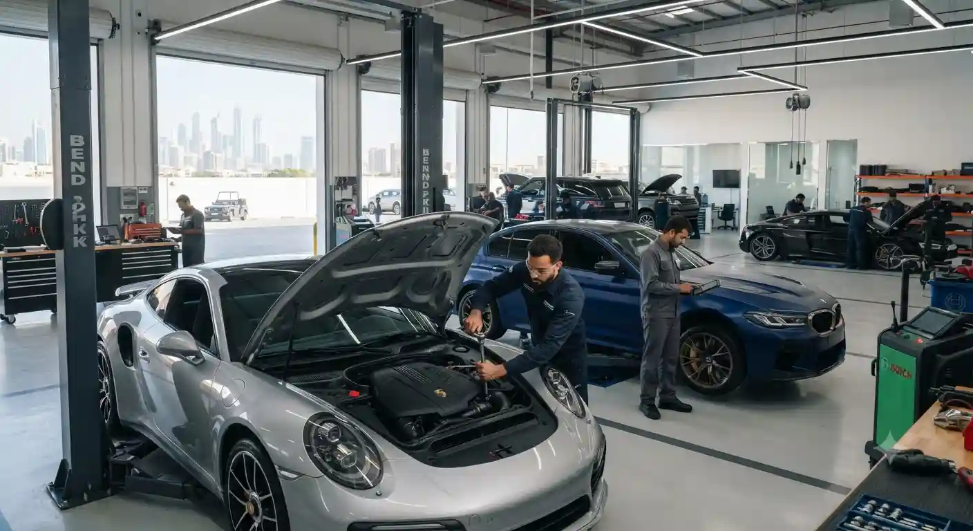 technicians working in automotive workshop in Dubai