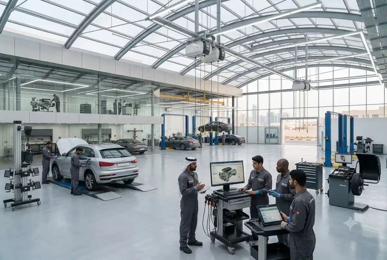 Automotive professionals working in a modern vehicle service facility in UAE