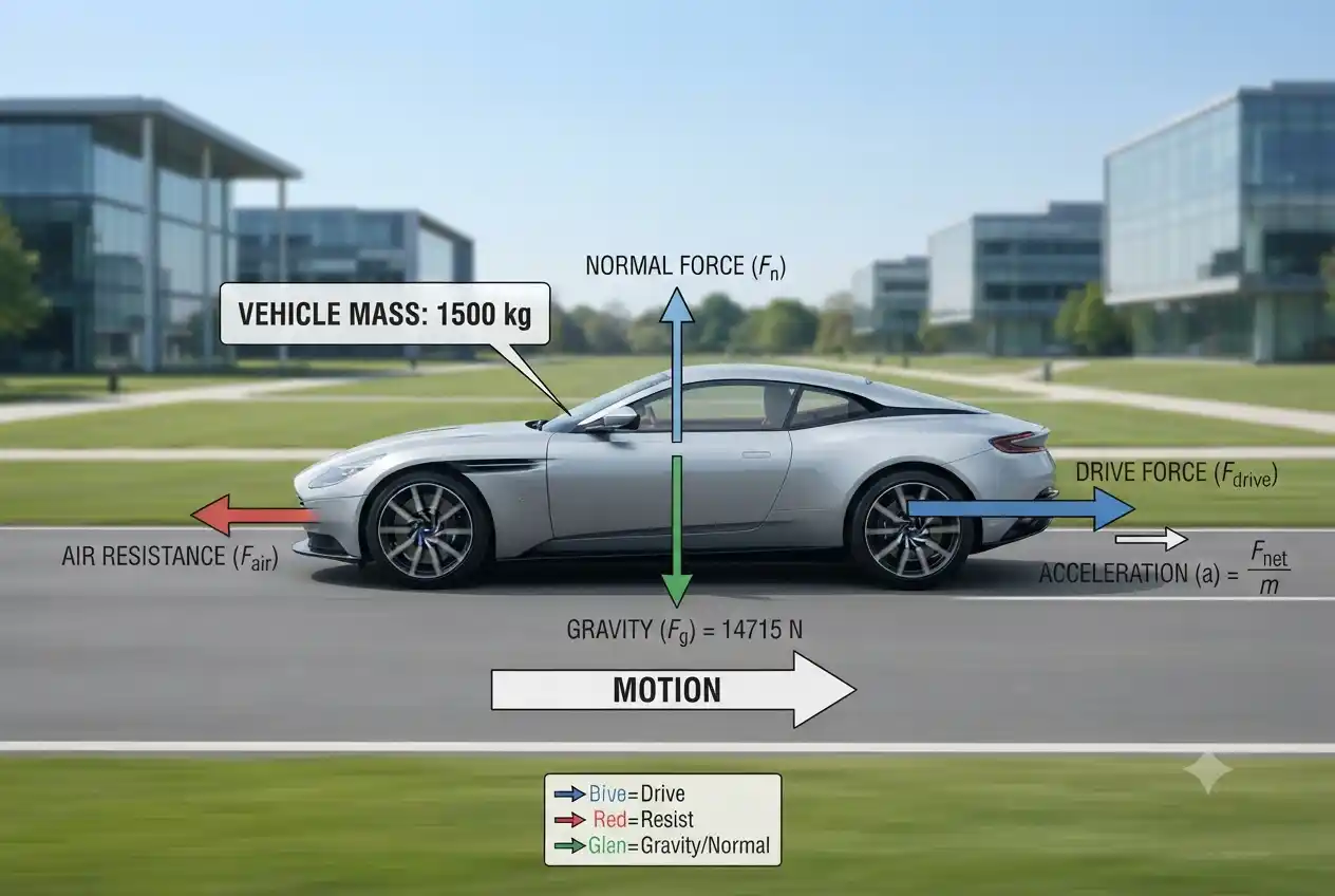 Car with 1500 kg mass showing force and acceleration concepts
