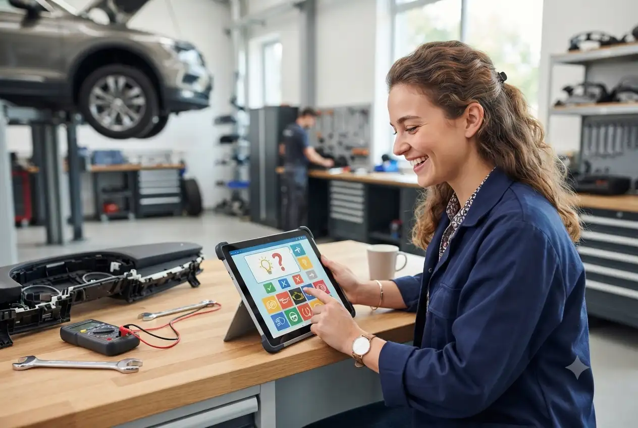 person taking a car knowledge quiz on tablet