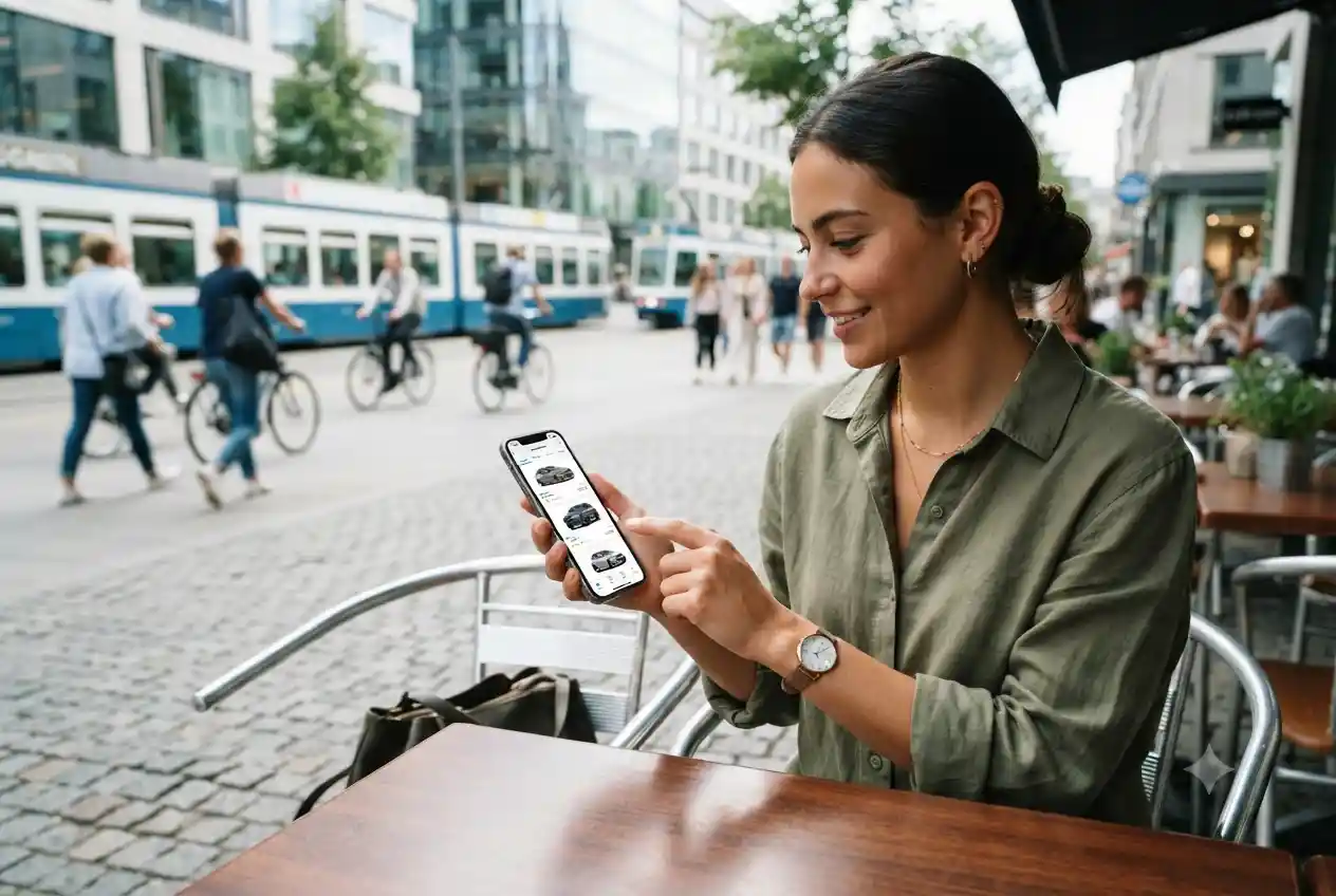 person using smartphone to book car rental with discount