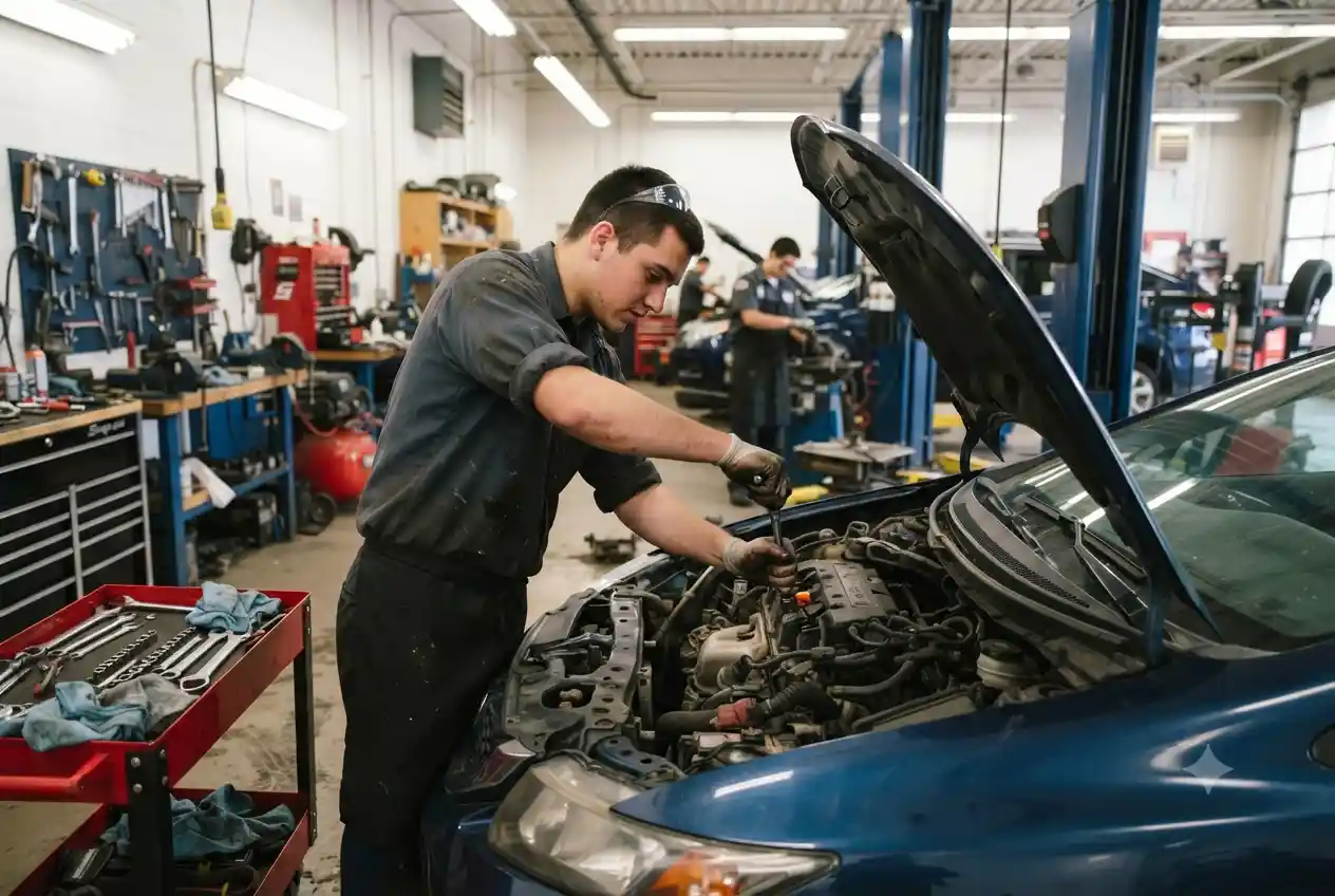 student learning car repair in automobile repairing course workshop