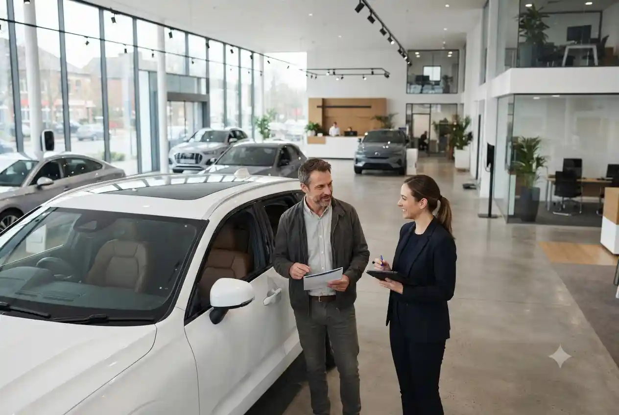 car sales executive helping customer choose vehicle in showroom