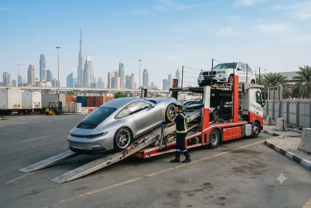 Car being transported on a truck in UAE logistics yard