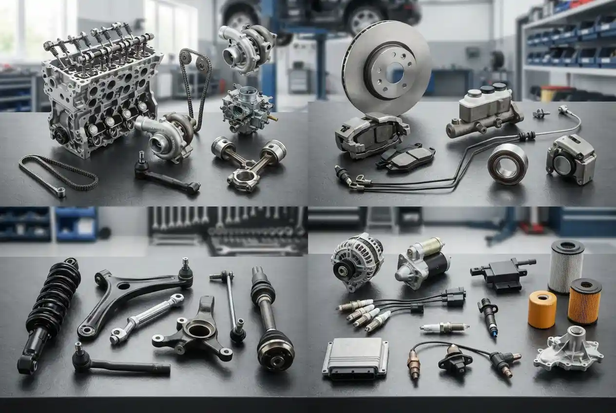 Various automobile spare parts including engine and brake components