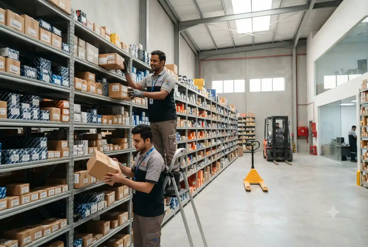 Workers managing automobile spare parts in UAE warehouse