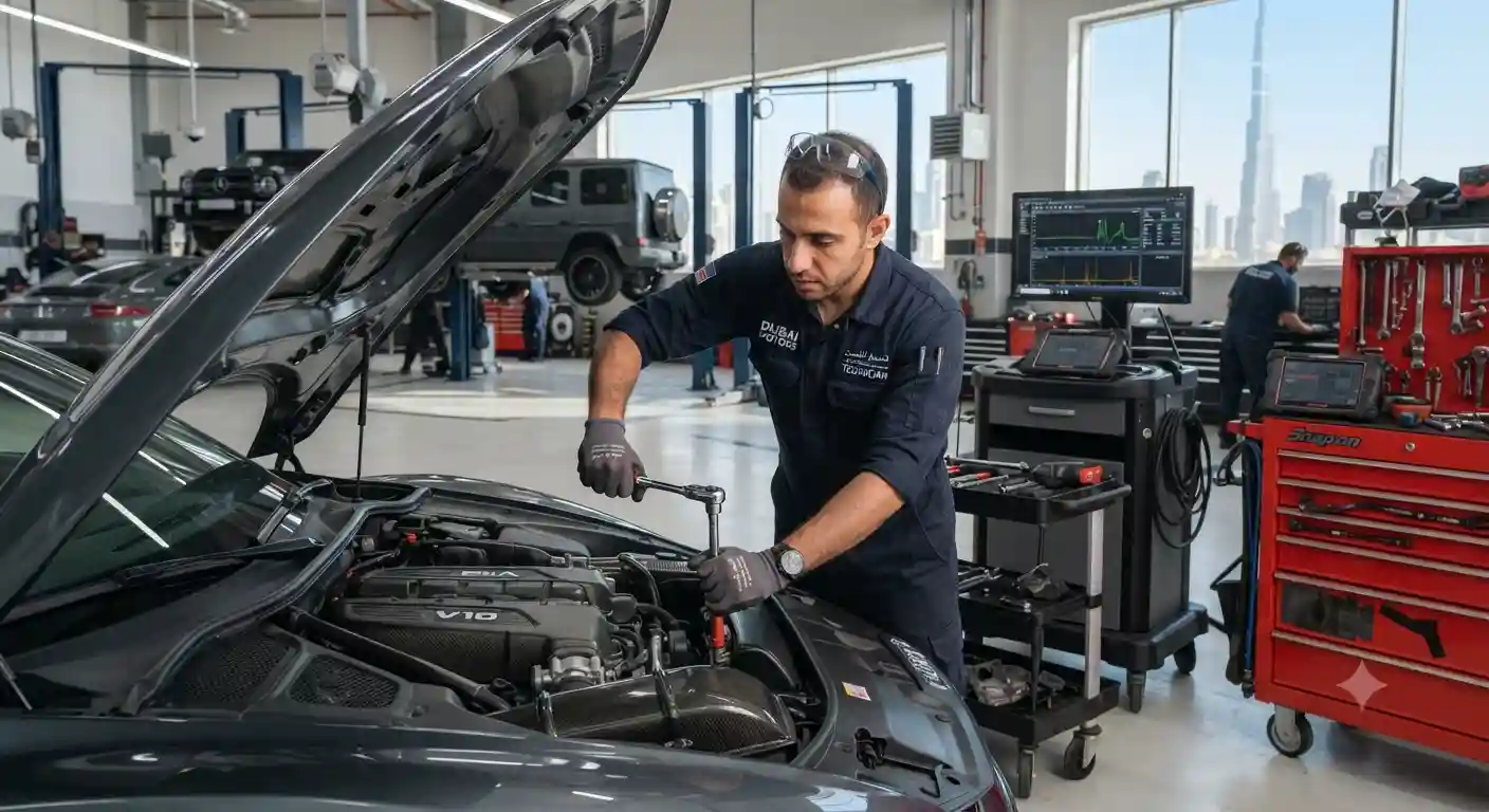 automobile technician repairing car engine in Dubai workshop
