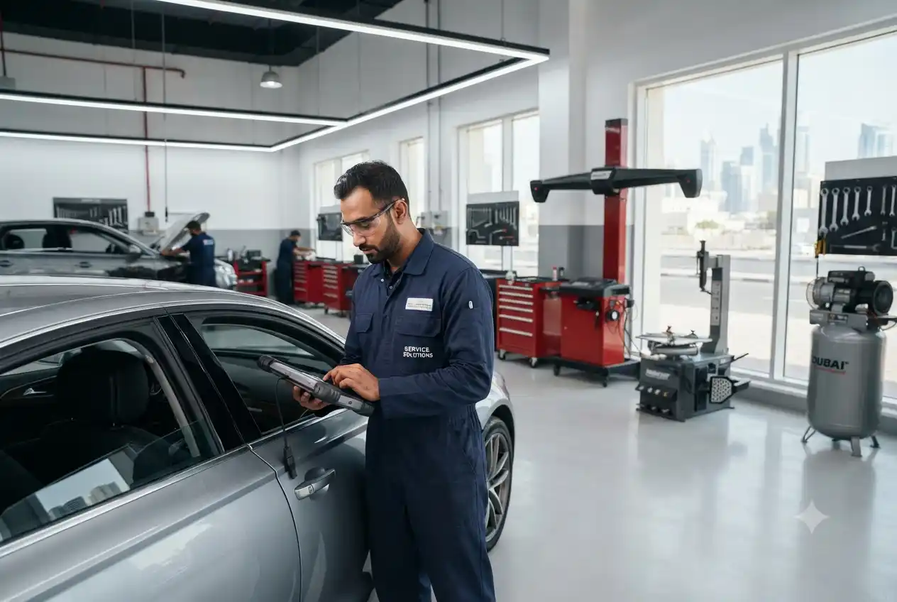 Professional automobile technician performing vehicle diagnostics in a modern Dubai workshop