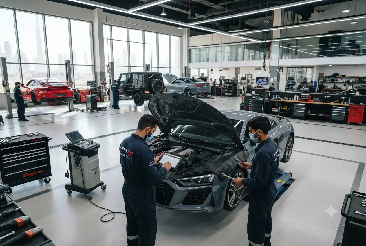 Automobile technicians working in a UAE car service workshop
