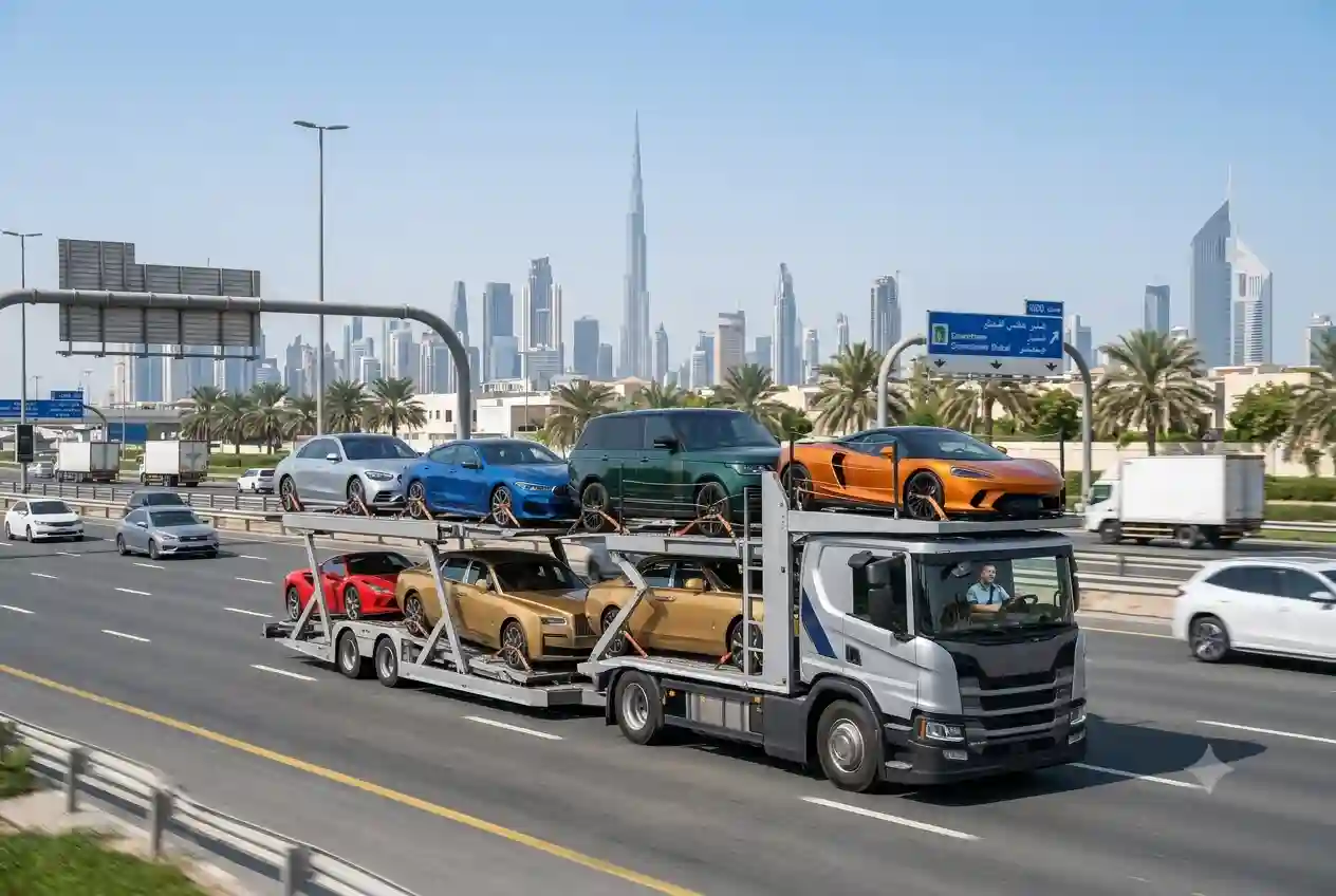 Vehicle transport carrier moving multiple cars across the UAE