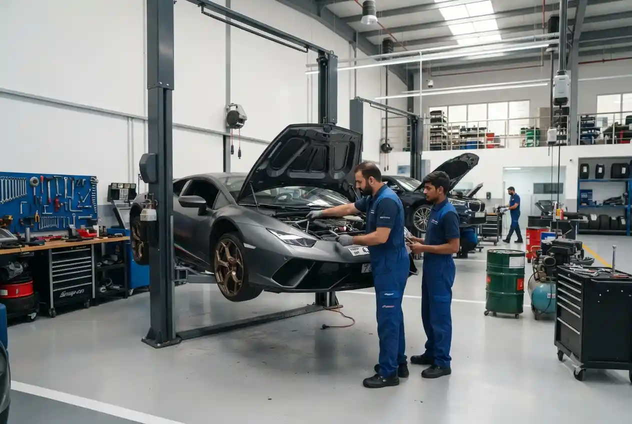 Mechanics repairing a car inside a UAE automobile workshop