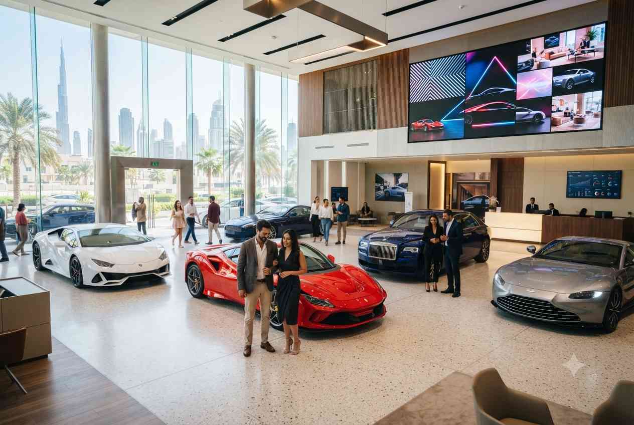 car showroom with digital marketing screens and customers in UAE