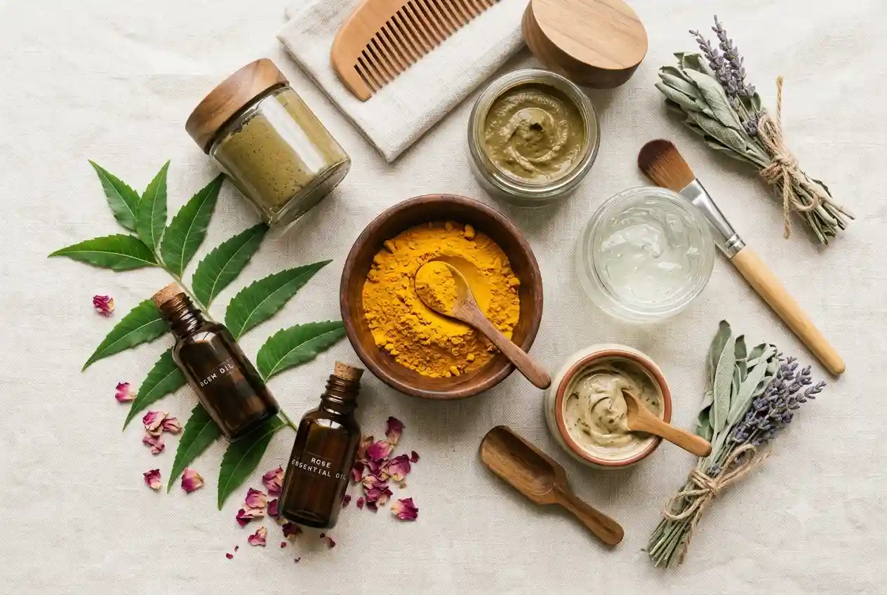 Ayur beauty products with herbal skincare and haircare ingredients arranged in a premium wellness setting