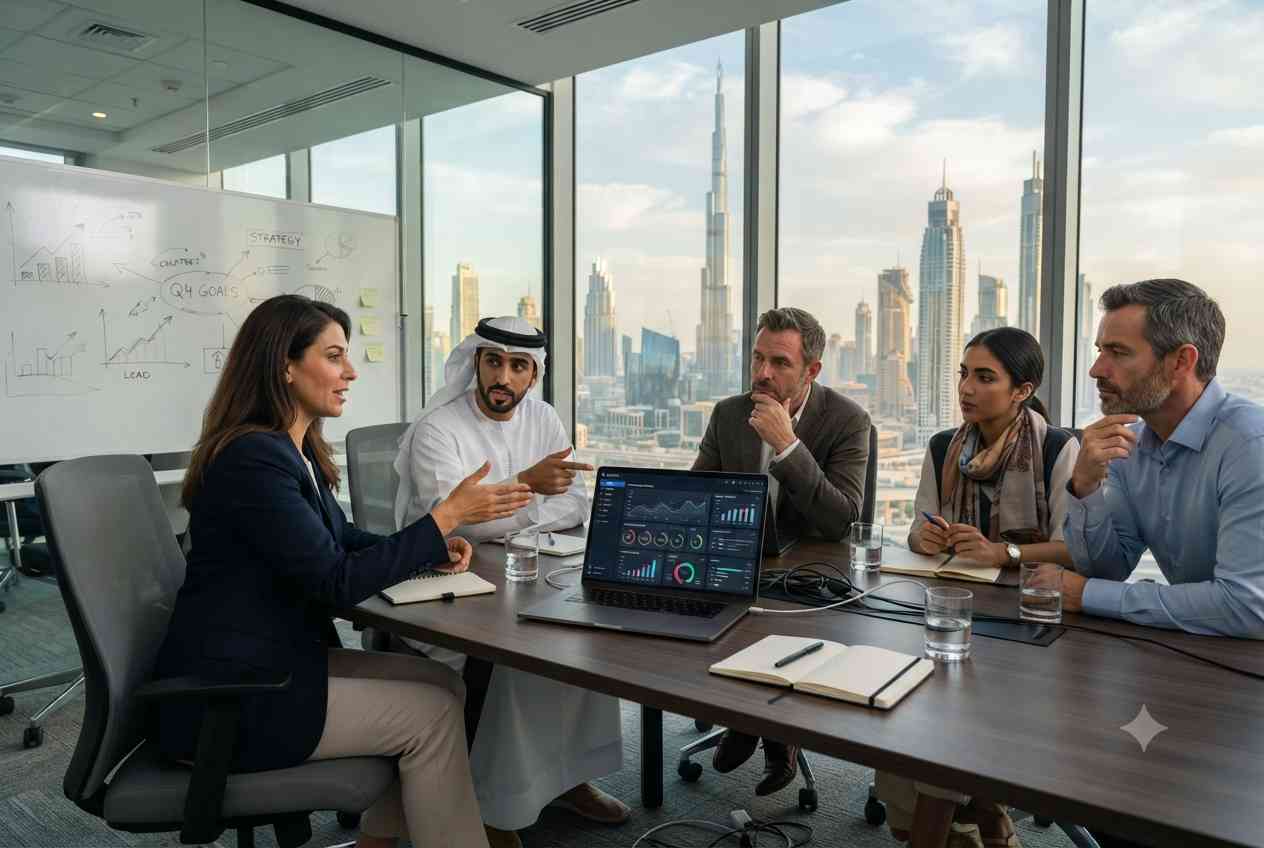 business team discussing b2b digital marketing strategy in UAE office